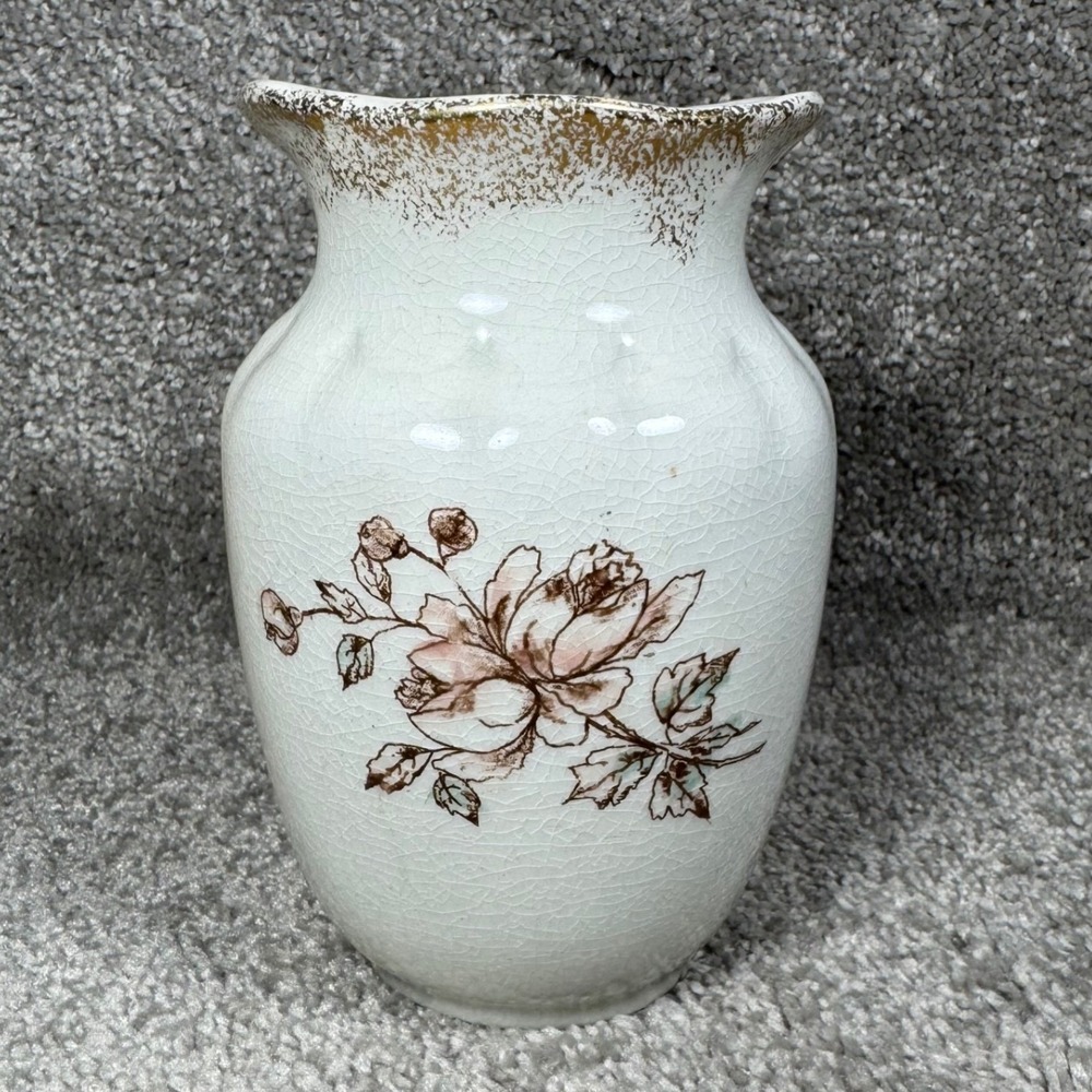 Vintage Vase Cream Floral Rose Crackle Glaze Gold Trim Shabby Chic 5.5in